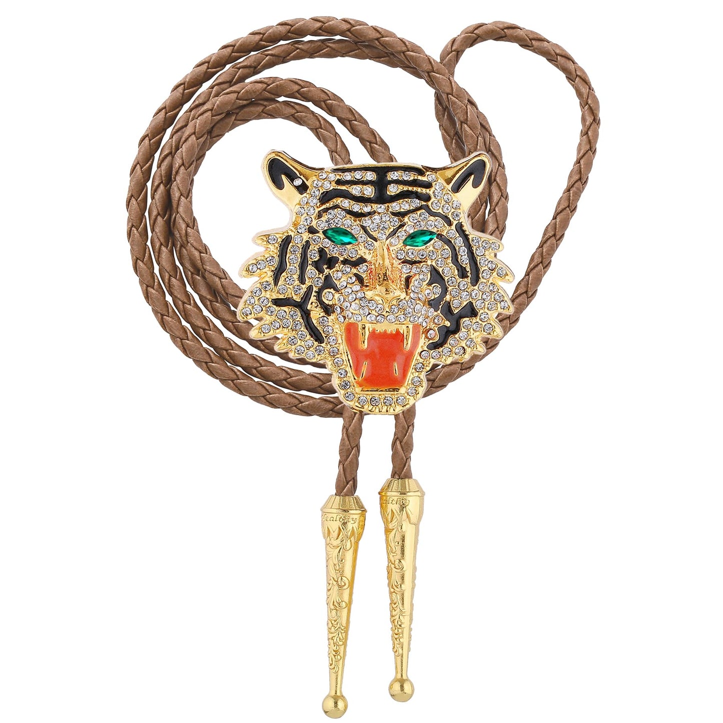 GelConnie Formal Bolo Tie for Men Rhinestone Gold Tiger Head Bola Brown Rope Bolo Tie Wedding Necklace Western Cowboy Necktie