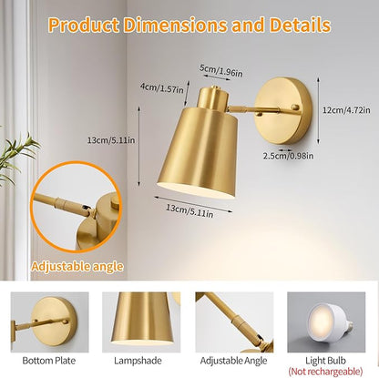 2 Pack Black and Gold Wireless Battery Operated Wall Sconces, Dimmable Battery Powered Wall Decor Set of 2, Cordless Wall Light Lamp with Remote Control for Bedroom Living Room
