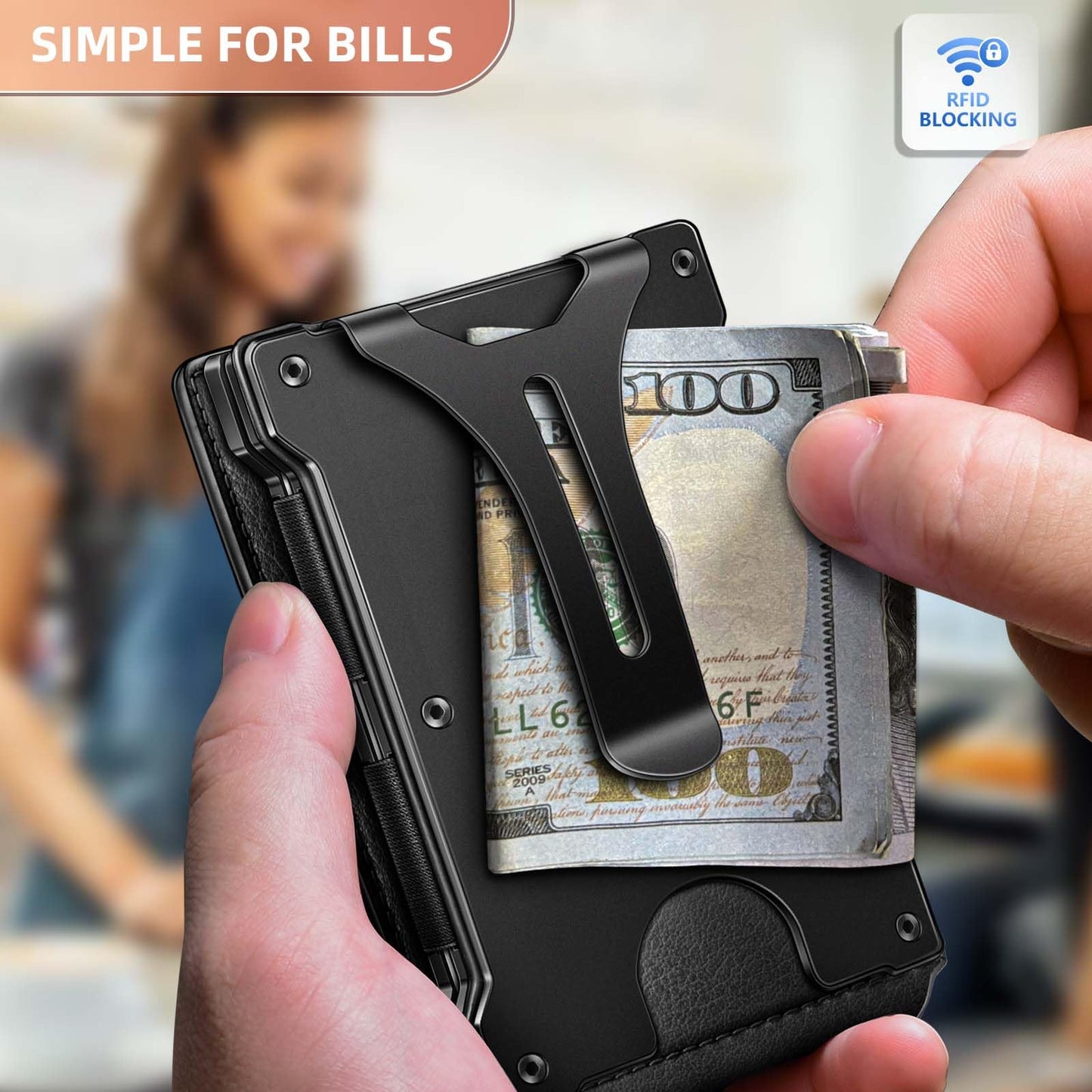 Men's Slim RFID Blocking Wallet Genuine Leather Front Pocket Design with Money Clip Holds 12 Cards Magnetic Flip Case (Black)