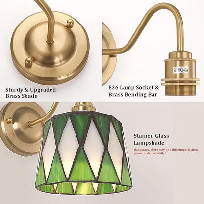 Vintage Battery Operated Wall Sconce with Remote, Rechargeable LED Wall Lamp 3 Colors Dimmable, Gold Wall Lights Fixture for Bedroom Bathroom Living Room Hallway Green Checker