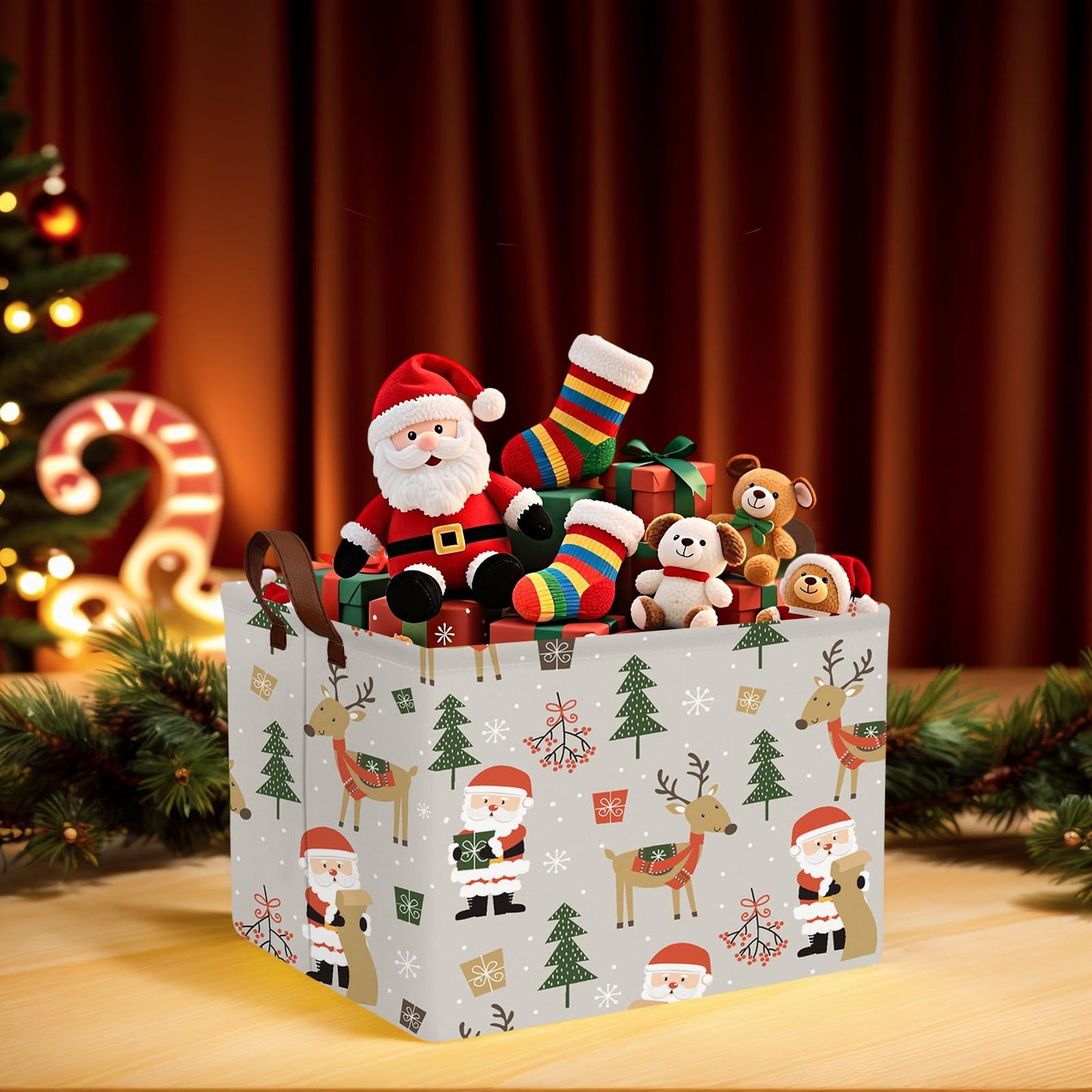 NIETEIN Large Kids Christmas Holiday Gift Empty Baskets Collapsible Families Holiday Storage Bin with Handle (Santa Claus Deer)