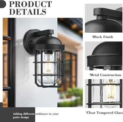 Emliviar 1-Light Outdoor Wall Sconce, Metal Cage Industrial Exterior Wall Light Fixture, Clear Tempered Glass with Black Finish, GE255BL BK