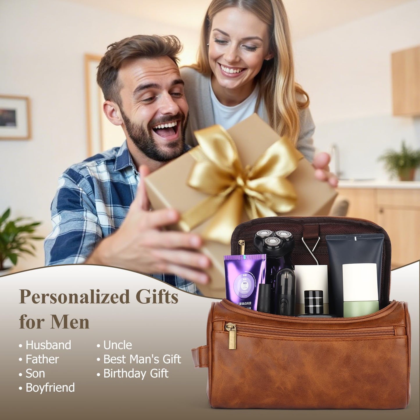OXYEFEI Personalized Toiletry Bag for Men,Personalized Gifts for Men,Engraved Initial PU Leather Mens Toiletry Travel Shaving Travel Essentials Toiletries Bag for Him Birthday (W, Light Brown)