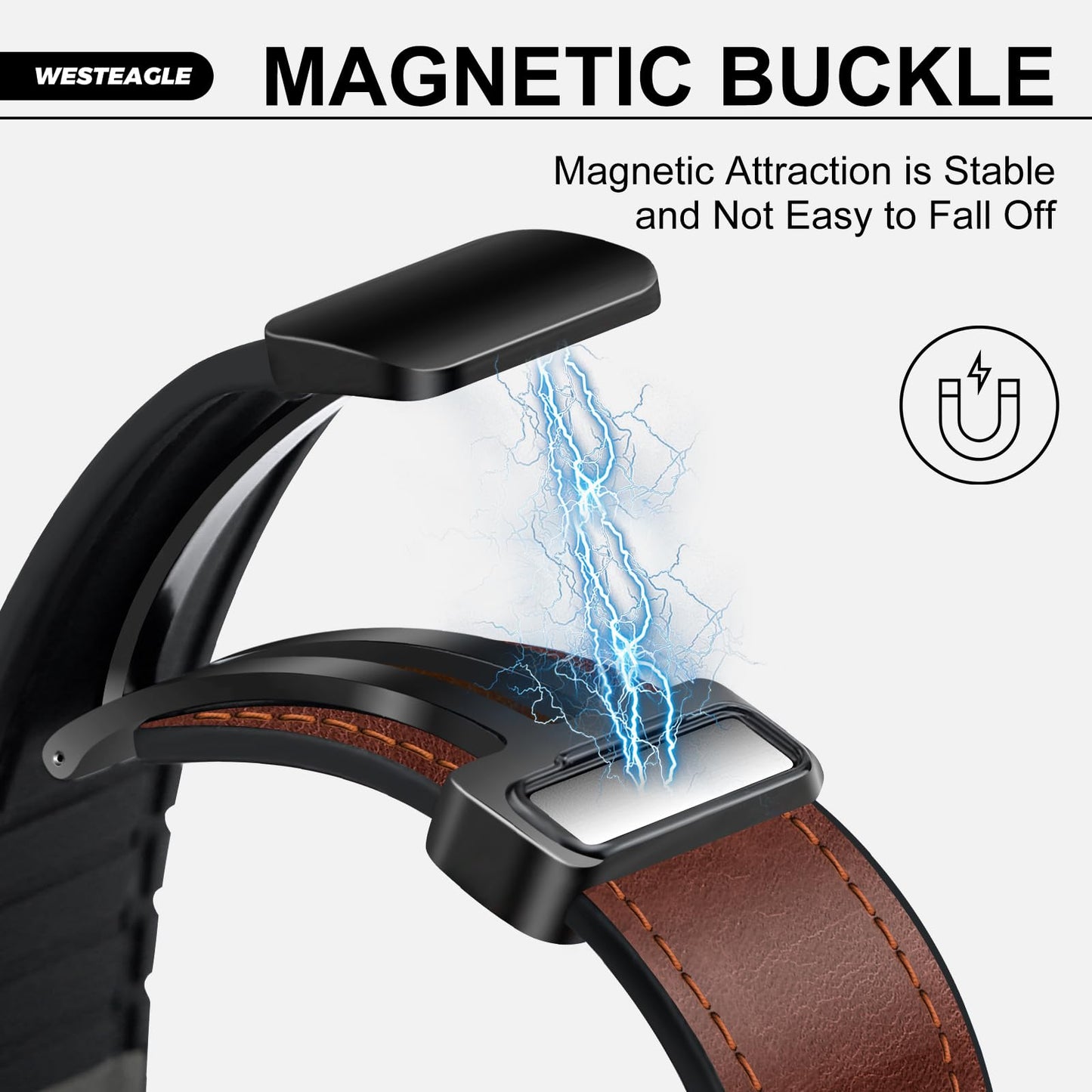 WestEagle Magnetic Leather Band Compatible with Samsung Galaxy Watch 7/6/5/4/Active 2 40mm 44mm/Watch 6 Classic 43mm 47mm/Watch 5 Pro 45mm/Watch 4 Classic 42mm 46mm, 20mm Strap for Men