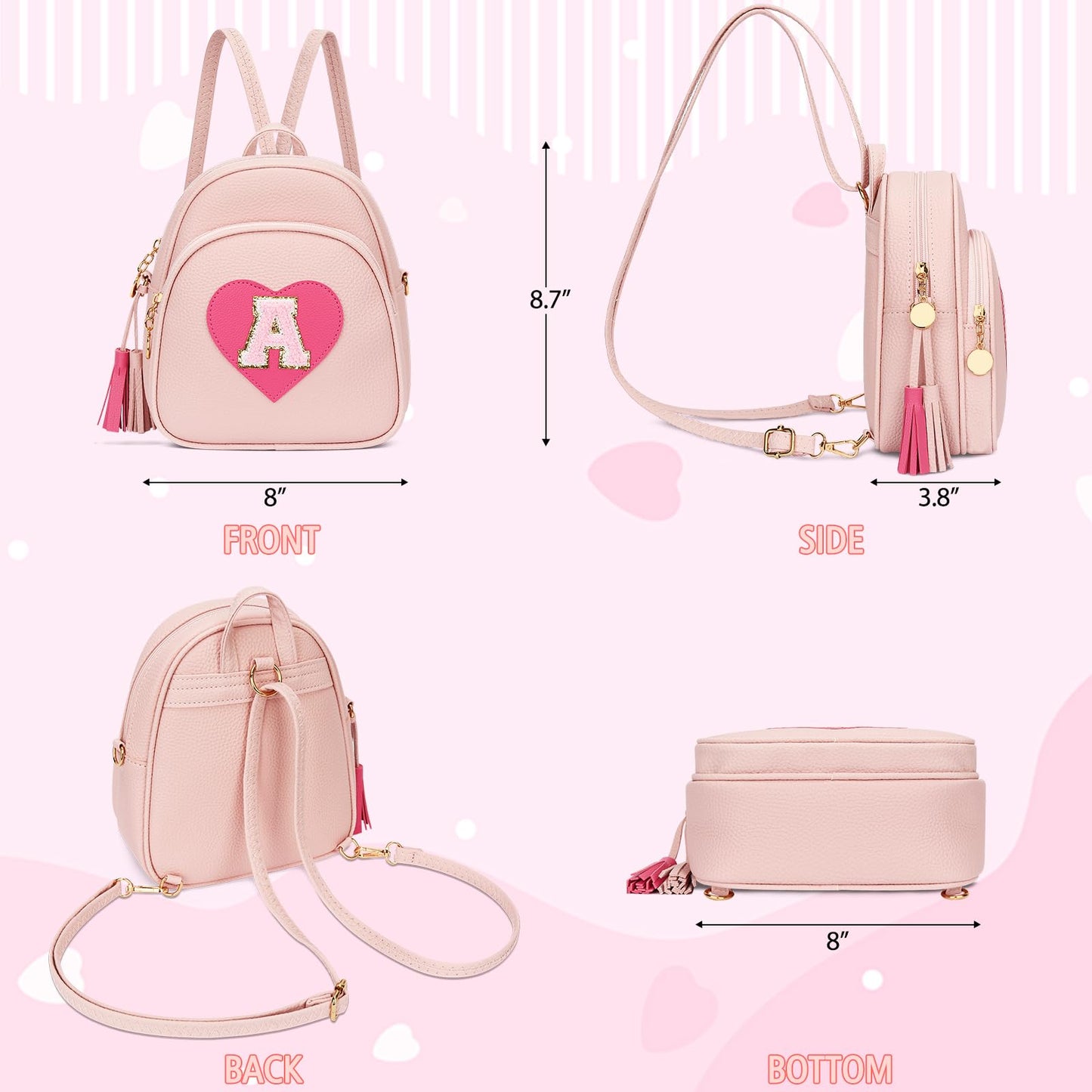 CLOUDWINGS Birthday Gifts for Kids Gifts for Girls Little Girl Initial Mini Heart Backpack Purse Crossbody Bag with Tassel，Pink-A
