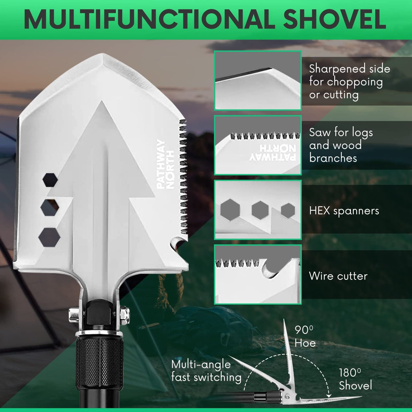 Pathway North Survival Shovel Stainless Steel Folding Multi-Tool Survival Flashlight – Equipment for Outdoor With Self Defense Hiking Stick Hunting Emergency Survival Kit For Backpacking, Camping Gear