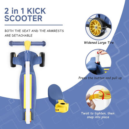 Wheelive 2 in 1 Kick Scooter with Removable Seat, 3 LED Wheels Kick Scooter for Kids, 4 Adjustable Height & Foldable Design Toddler Scooters Sit or Stand Ride for Boys & Girls 2-10 Years Old