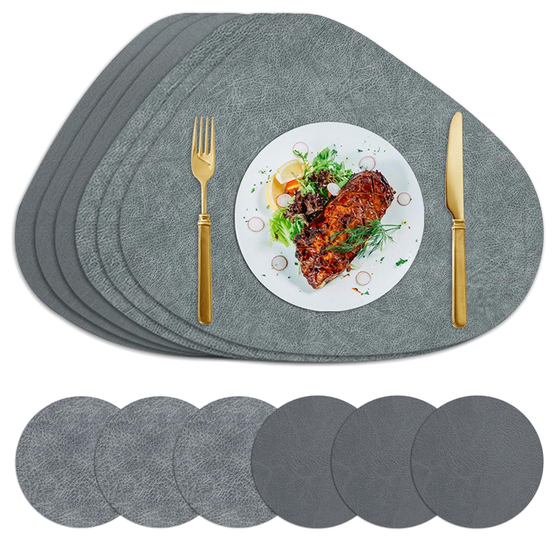 Lussenwert Faux Leather Placemats Set of 6 Waterproof Dual-Sided Placemats Heat Resistant Wipeable Place Mats with Coasters Non-Slip Dining Table Mats for Indoor Outdoor Gray Light Gray