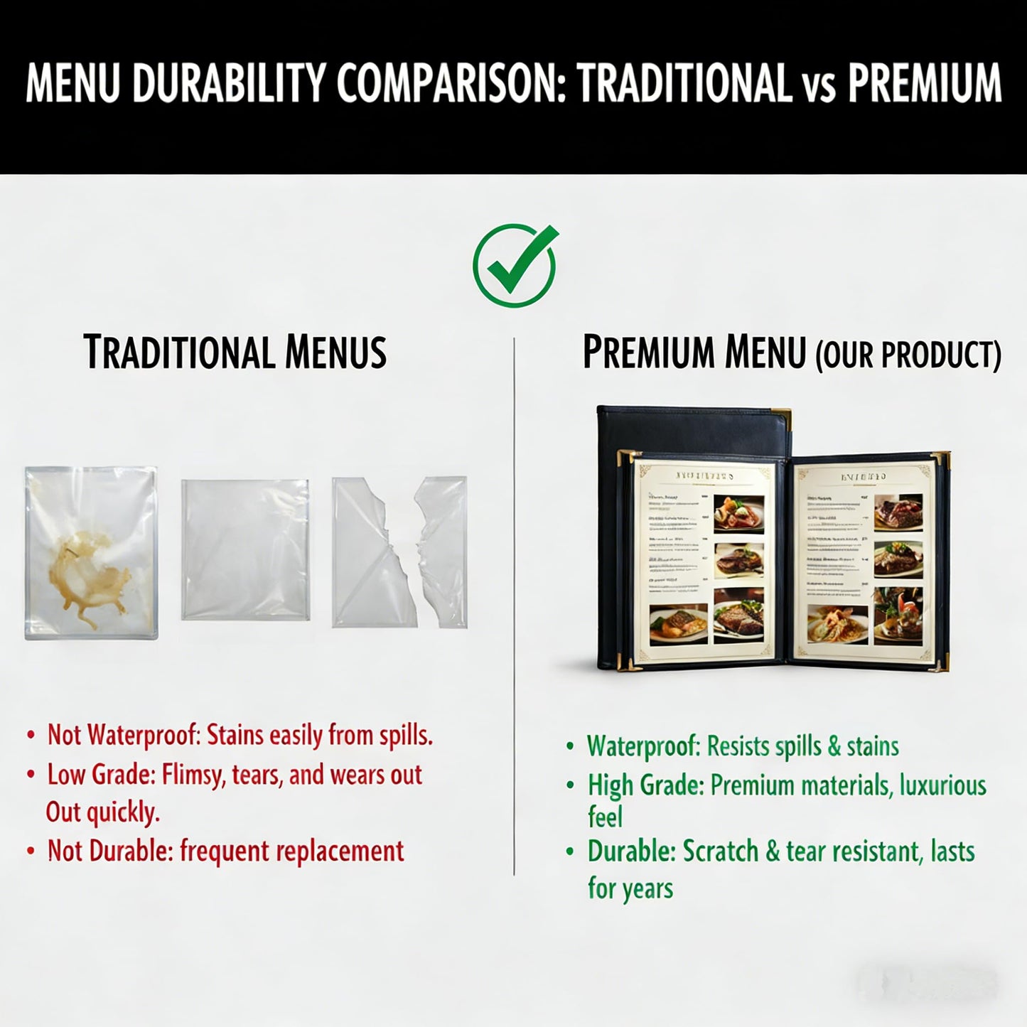 Restaurant Menu Covers 8.5×11 – 8 Page 16 View Menu Sleeve, Premium Black Faux Leather, Waterproof Durable Menu Holder for Bar Cafe Hotel, 2 Pack