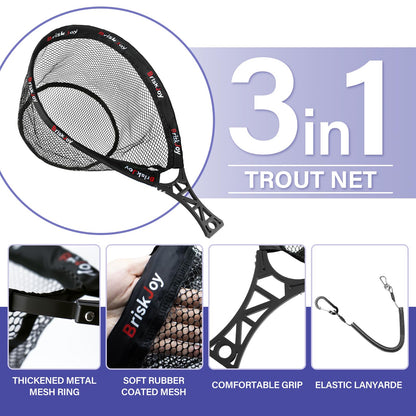 BriskJoy Fly Fishing Net – Foldable Trout Net for Tenkara, Kayak & Wading, Ultralight Hiking & Backpacking Landing Net with Rubber Coated Mesh for Catch and Release, Includes Storage Bag & Lanyard