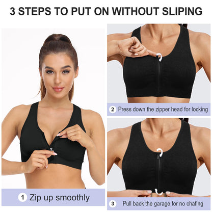 Women's Zip Front Sports Bra Wireless Post-Surgery Bra Workout Sports Bras
