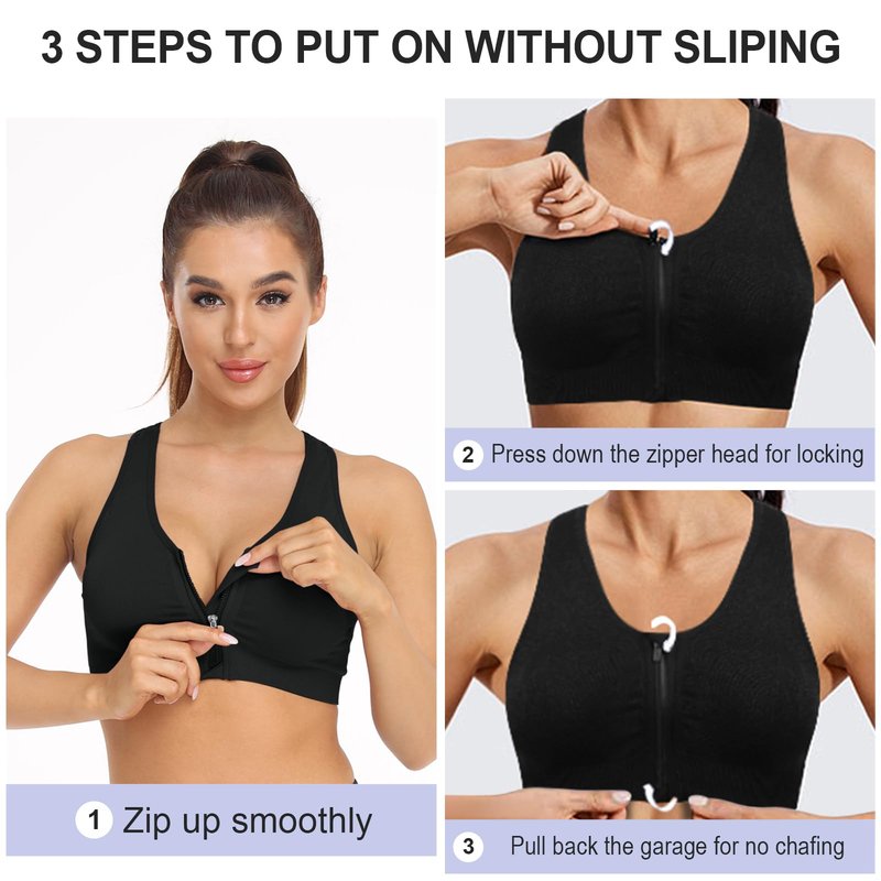 Women's Zip Front Sports Bra Wireless Post-Surgery Bra Surgical Bra Racerback Sports Bras Post Mastectomy Bra Workout Running Active Fitness Bras 3 Pack (Large, 3 Pack(Black+Grey+Light Purple))