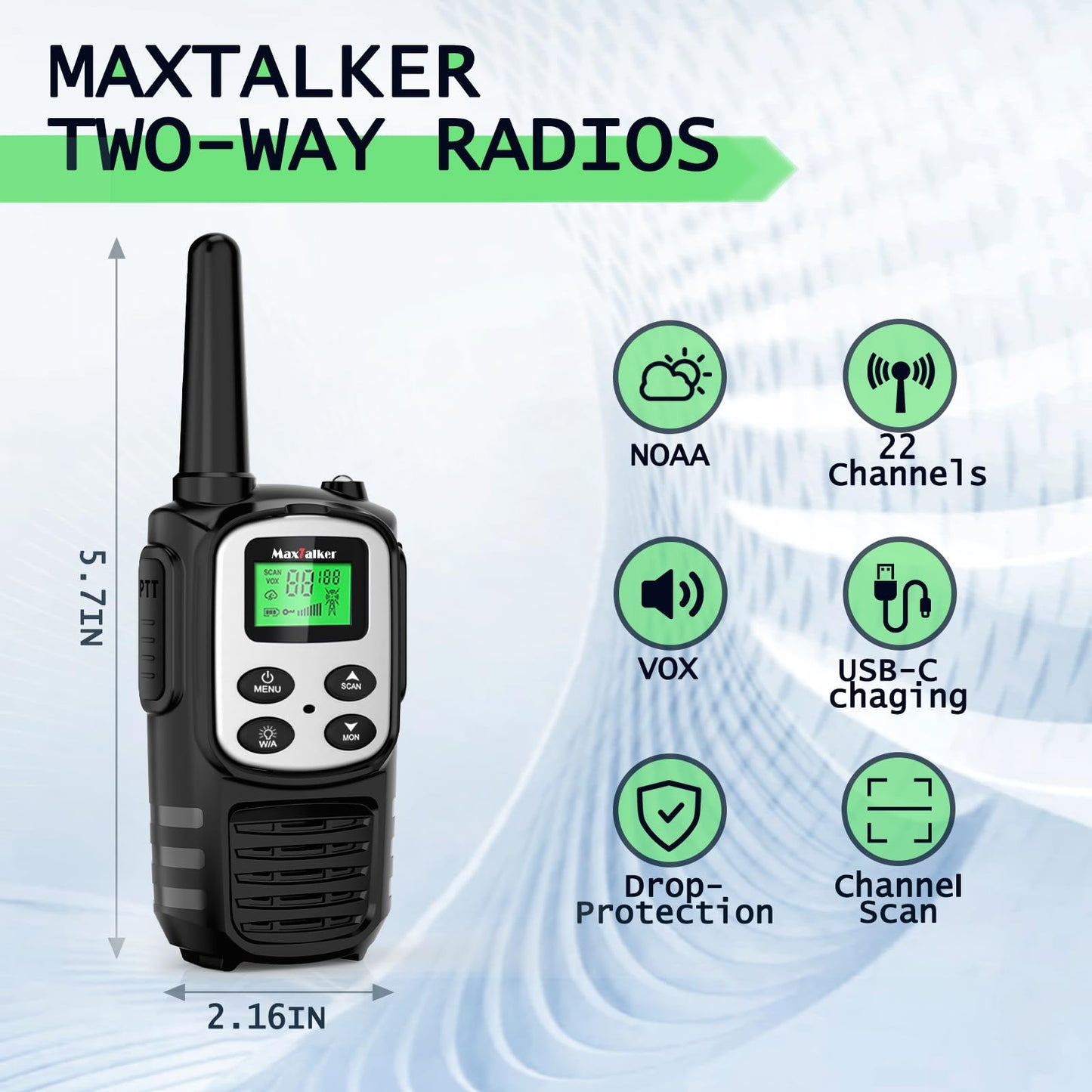 Walkie Talkies Long Range for Adult, MT10 Rechargeable Walkie Talkies FRS Two Way Radio, NOAA, 1200mAh Li-ion Battery USB-C Cable, LED Flashlight, VOX Walkie Talkie for Hiking Camping 2Pack