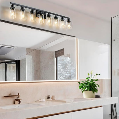 8 Light Bathroom Vanity Lights Over Mirror, 52inch Black Vanity Lights Fixtures Matte Black Modern Vanity Lights Black Bathroom Wall Lighting for Mirror Bedroom,Living Room