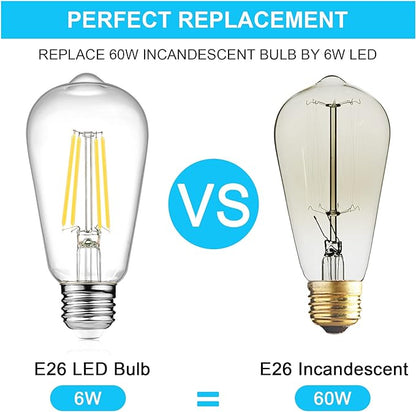Ascher LED Edison Bulbs 6W, Equivalent 60W, High Brightness Cool White 4000K, 700 Lumens, ST58 Vintage LED Filament Bulbs with 80+ CRI, E26 Base, Non-Dimmable, Clear Glass, 4 Packs