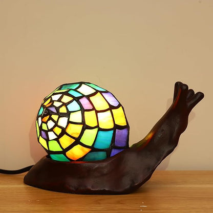 Tiffany Style Colorful Snail Accent Table Lamp Handmade Stained Glass Shade Night Light for Kids with 3 Color Temperatures LED Bulb - Ideal Gift for Home Decor(8" D x 5" W x 5" H)
