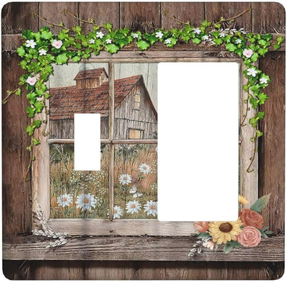 Farm Barn Farmhouse Rustic Country Flower 2 Gang Combination Light Switch Cover Decorative Toggle Rocker/Decora Wall Plate Electrical Faceplate for Bathroom Kitchen Home Decor