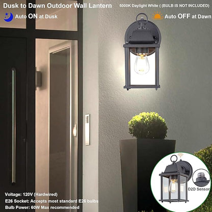 LIT-PaTH Dusk to Dawn Outdoor Wall Lantern, Wall Sconce, Waterproof Proch Light Fixture E26 Base, Aluminum Housing Glass Shade, Outdoor Rated, 2-Pack, Black