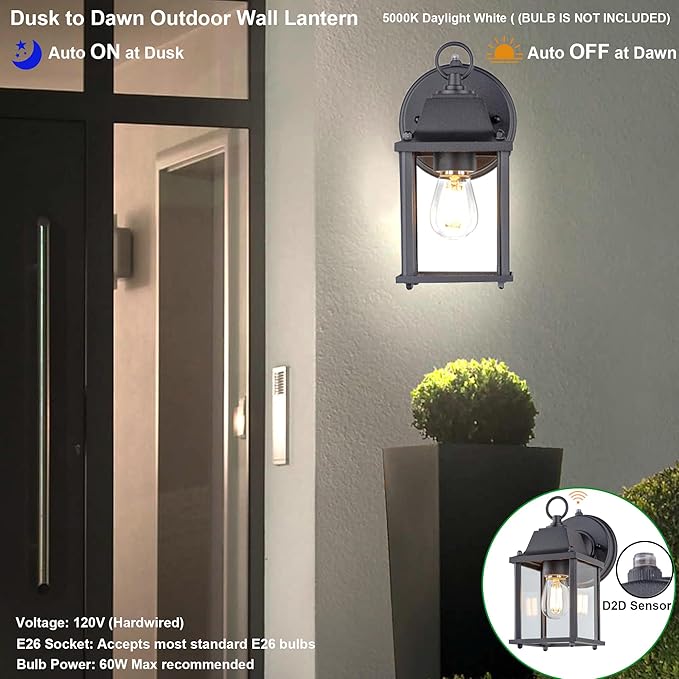 LIT-PaTH Dusk to Dawn Outdoor Wall Lantern, Wall Sconce Waterproof Porch Lighting Fixture, E26 Base, Aluminum Housing with Glass Shade, 1-Pack, Black