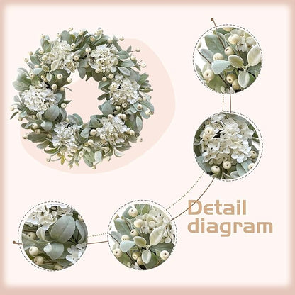 Idyllic 22 Inch Lambs Ears Leaves Everyday Wreath with Ivory Hydrangea and Cream Berries, Spring Summer Greenery Wreath with Burlap Ribbon Bow Knot for Doors, Rustic and Farmhouse Style Home Decor