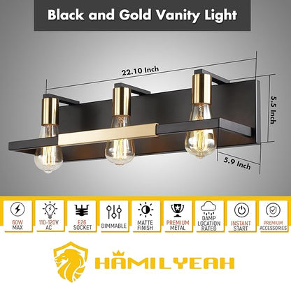 Hamilyeah Rustic Bathroom Light Fixtures Over Mirror, Matte Black and Gold Vanity Lights for Bathroom, 3 Light Vintage Wall Lighting Fixtures,Industrial Kitchen Wall Mounted Lighting