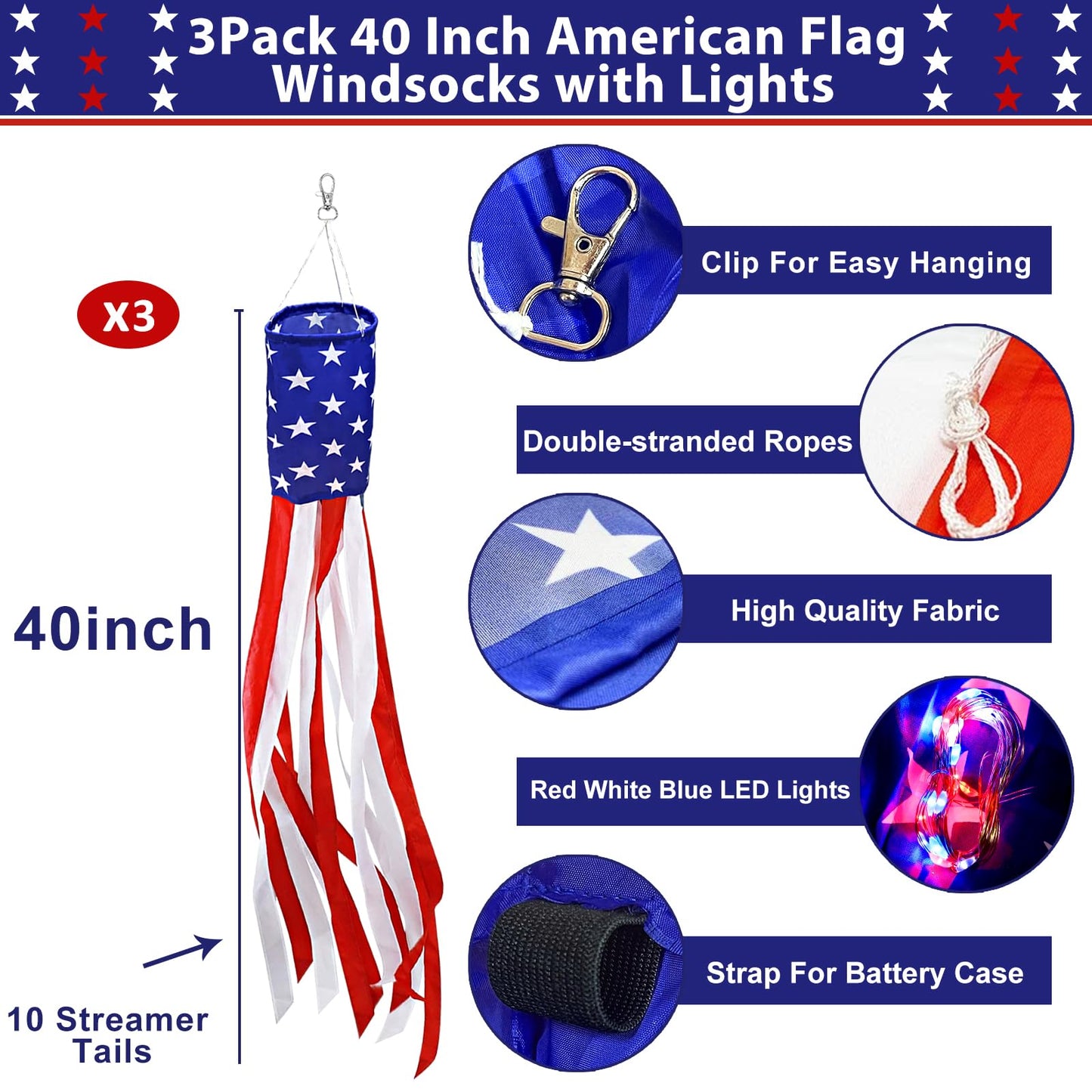 3 Pack 40" American Flag Windsock with Lights 4th of July Decorations, 250th Anniversary USA Red White Blue Star Stripes Patriotic Windsock Memorial Day Independence Day Fourth of July Outdoor Decor