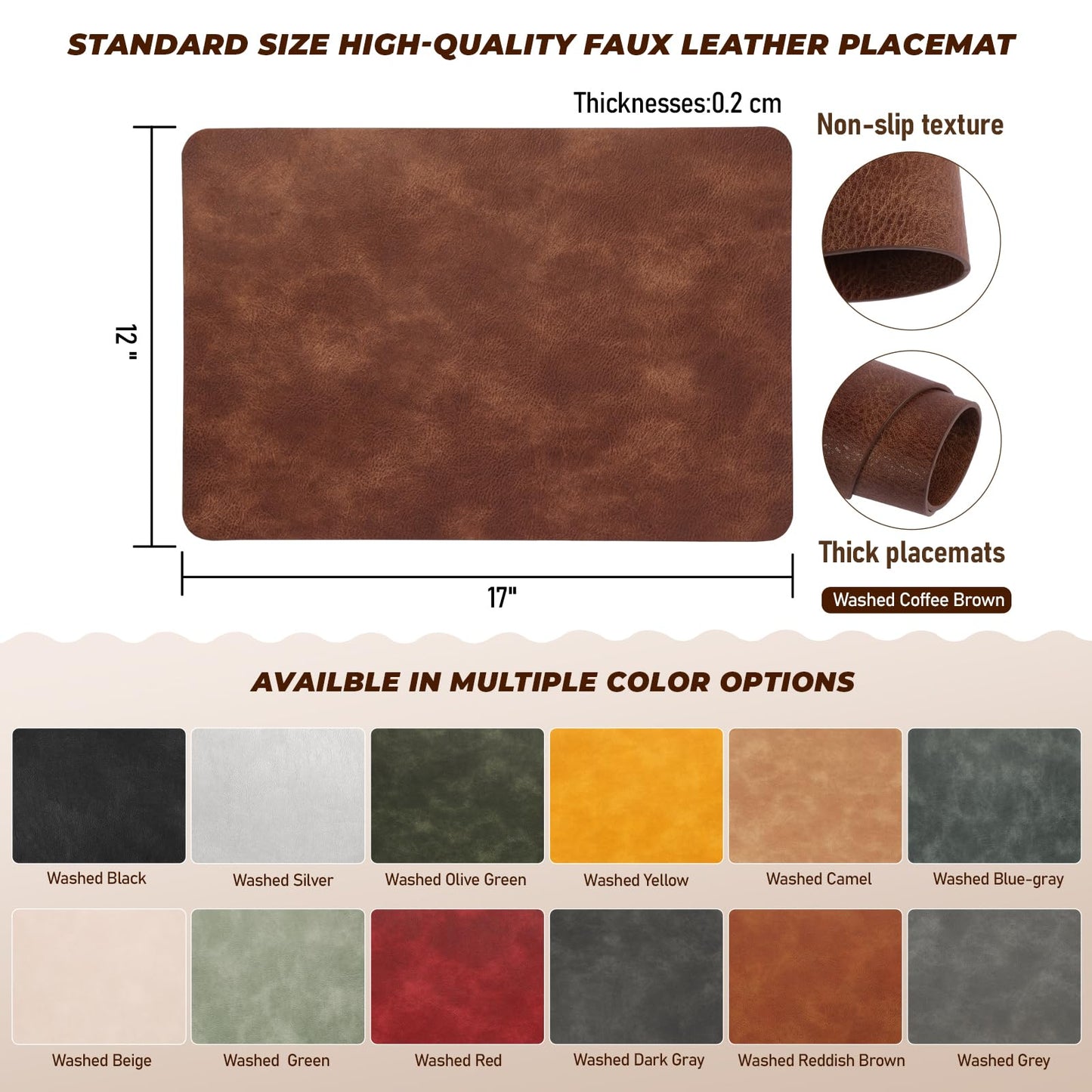 UnivoColors Placemats,Heat Resistant Placemats Set of 4 Washable 12 x 17 Inch,Waterproof Table Mats,Wipeable Pu Place Mats for Kitchen,Dining Room.Reddish Brown