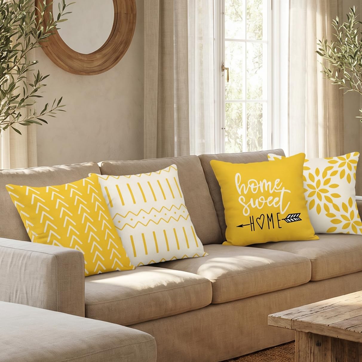 YCOLL Pillow Covers 18x18 Set of 4, Modern Sofa Throw Pillow Cover, Decorative Home Outdoor Linen Fabric Geometric Pillow Case for Couch Bed Car, Yellow