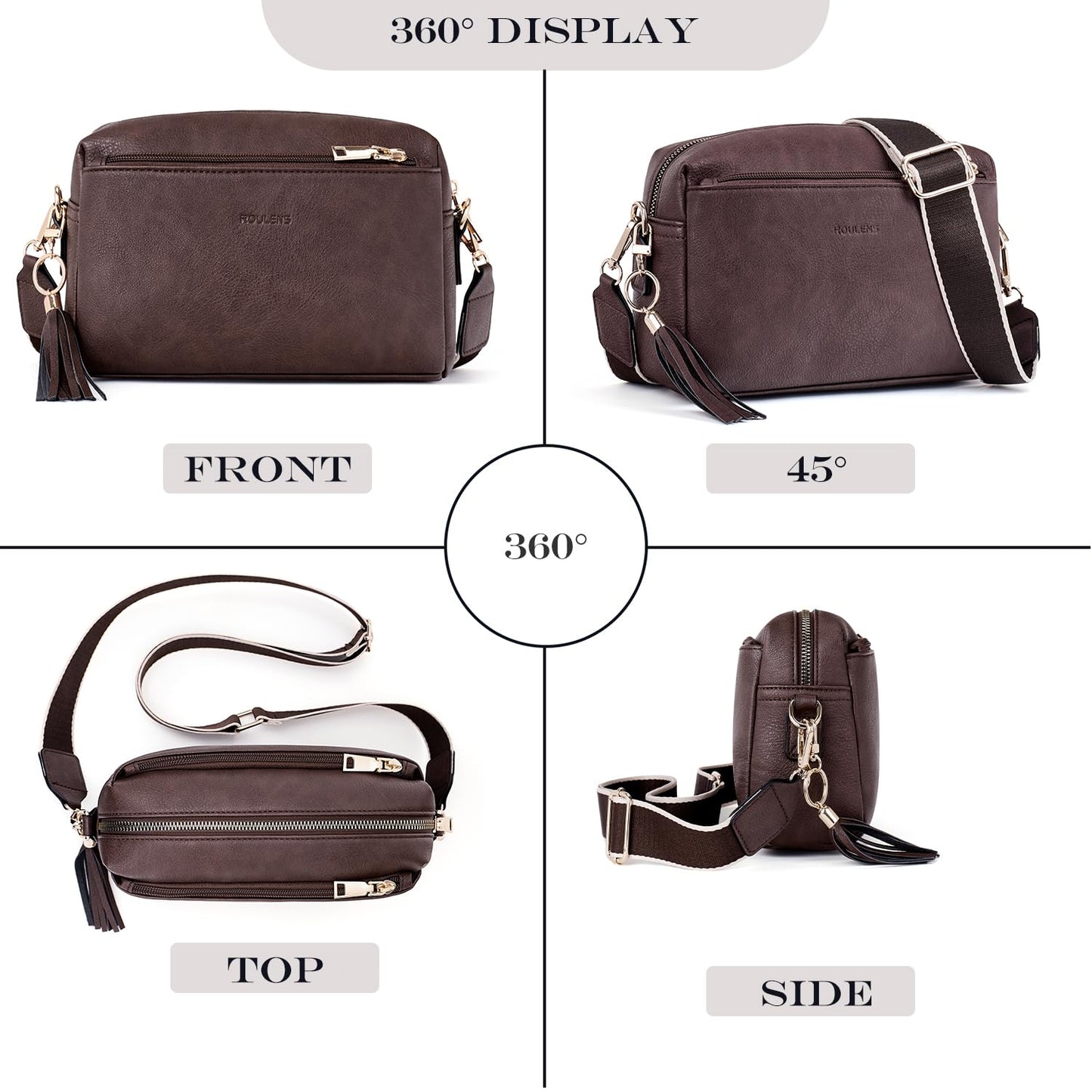 Roulens Triple Zip Small Crossbody Bag for women,Wide Strap Cell Phone Purse Shoulder Handbag Wallet with Credit Card Slots