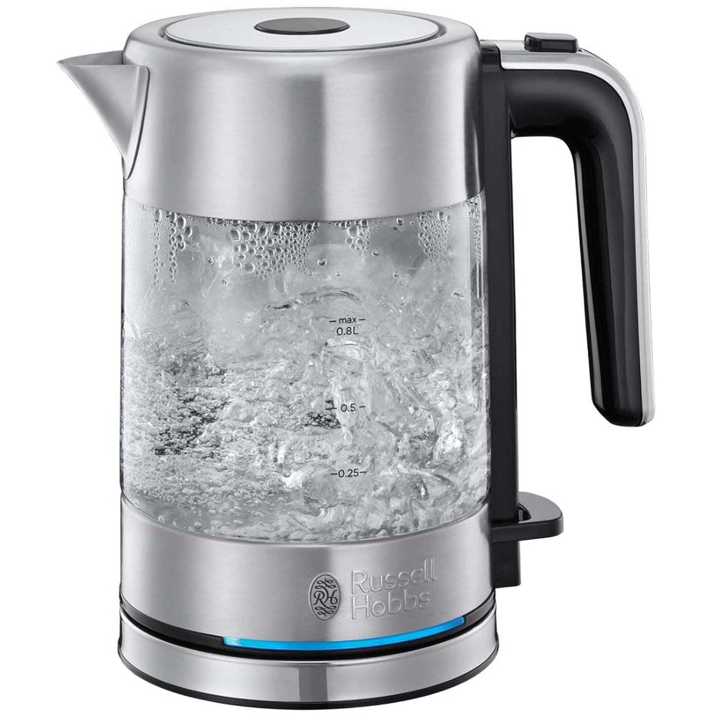 Russell Hobbs Kettle Glass & Stainless Steel Small [0.8 L] Compact (2200 W, Blue LED Lighting, Removable Limescale Filter, Small Travel Kettle) Tea Maker 24190-70
