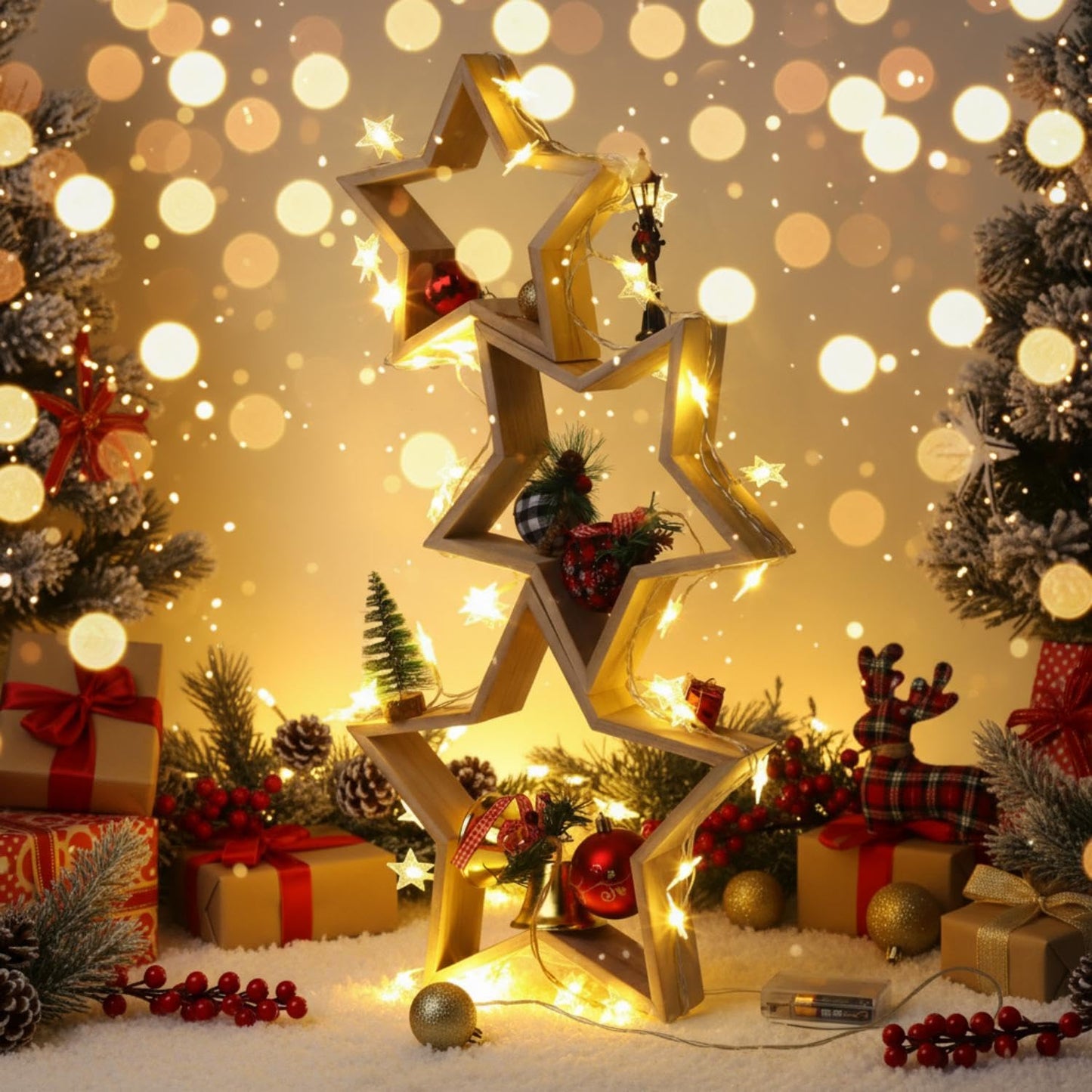 Geelin 6 Pcs Christmas Wooden Star Tabletop Centerpiece Sign with Light Strips Tape DIY Xmas Ornament for Farmhouse Fireplace Mantle Table Crafts Bookshelf Tiered Tray Decor (Original Wood)