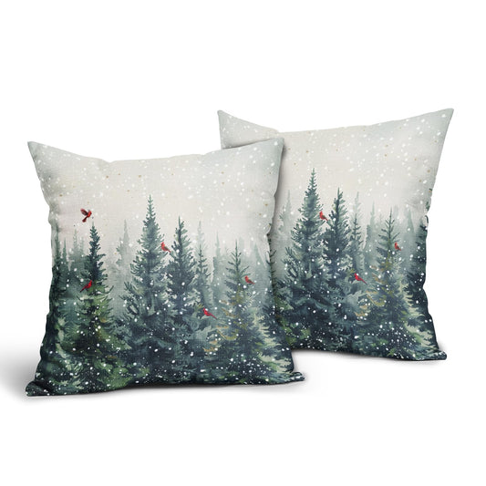 Evlaschin Winter Trees Throw Pillow Covers Set of 2 Watercolor Christmas Pine Tree Birds Decorative Pillowcases 18x18in Cotton Linen Double Sided for Couch Holiday Indoor Outdoor Farmhouse
