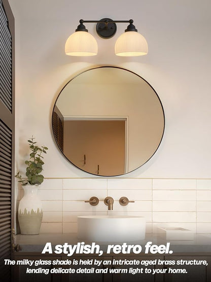 2-Lights Milk White Glass Wall Sconce Lighting Brass Finished, Double Arm Bathroom Vanity Light Fixture for Bedroom Living Room Dining Room Hallway