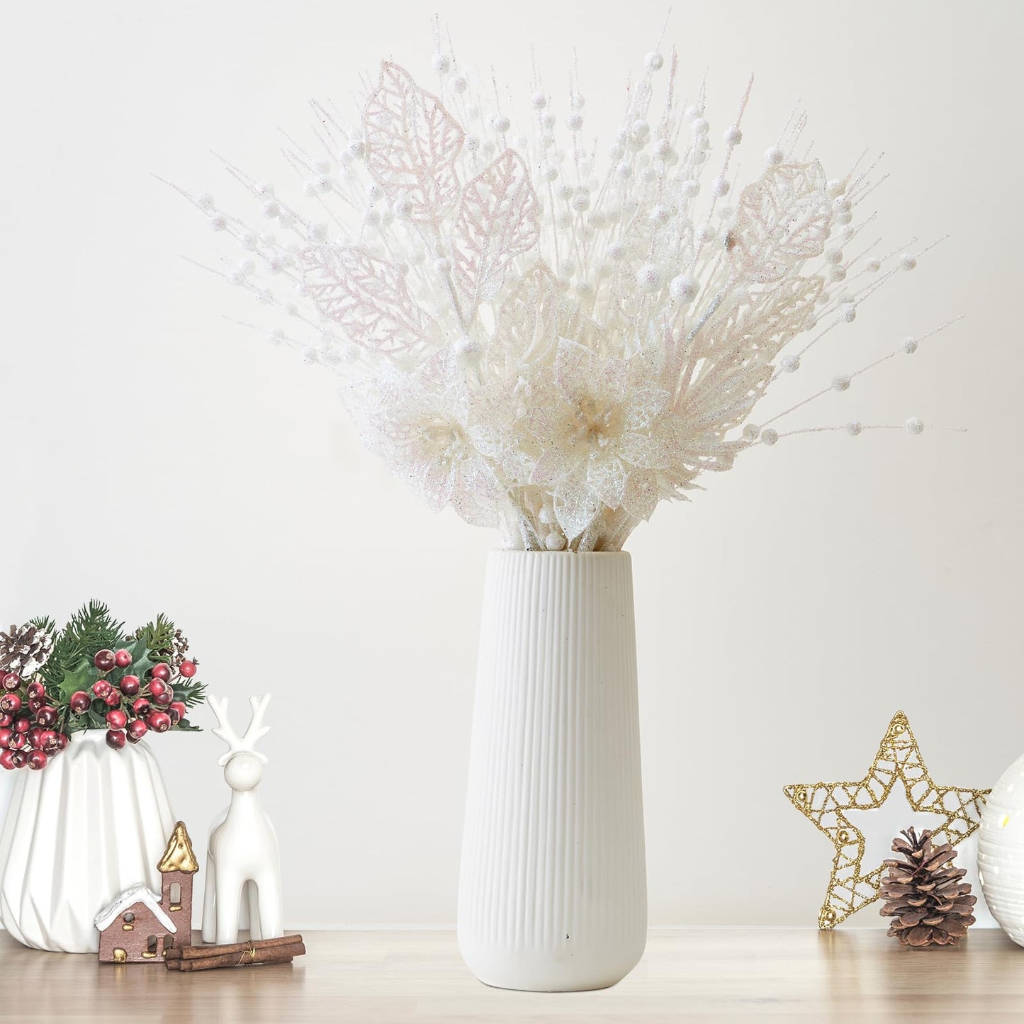 CristBest 24 Pack Christmas Tree Ornaments - Artificial Flowers Glitter Berry Stems Christmas Floral Picks Branches for Xmas Tree Decorations Vase Filler Holiday Wedding Party Home Decor (White)