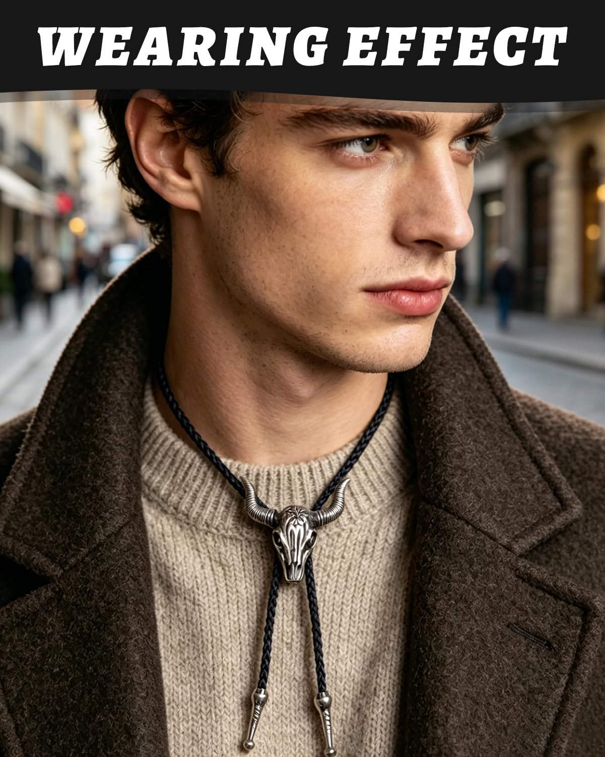KRLBZER 2 Pcs Bolo Tie for Men, Black and Silver Western Necktie, Adjustable Leather Rope Necklace with Metal Pendant, Cowboy Costume Accessories for Women Men