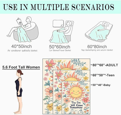 Retro Sun Fleece Blanket - 60x80in Cute Cheerful Floral Vintage Throw Blankets,Soft Cozy Lightweight, Ideal for Living Room Home Decor and Kids Women Girls Gifts