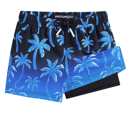 maamgic Boys Swim Trunks with Compression Liner Toddler Stretch Swim Shorts Quick Dry Swimming Trunks Boxer Brief 2 in 1 Beach Shorts Blue Coconut Tree 8