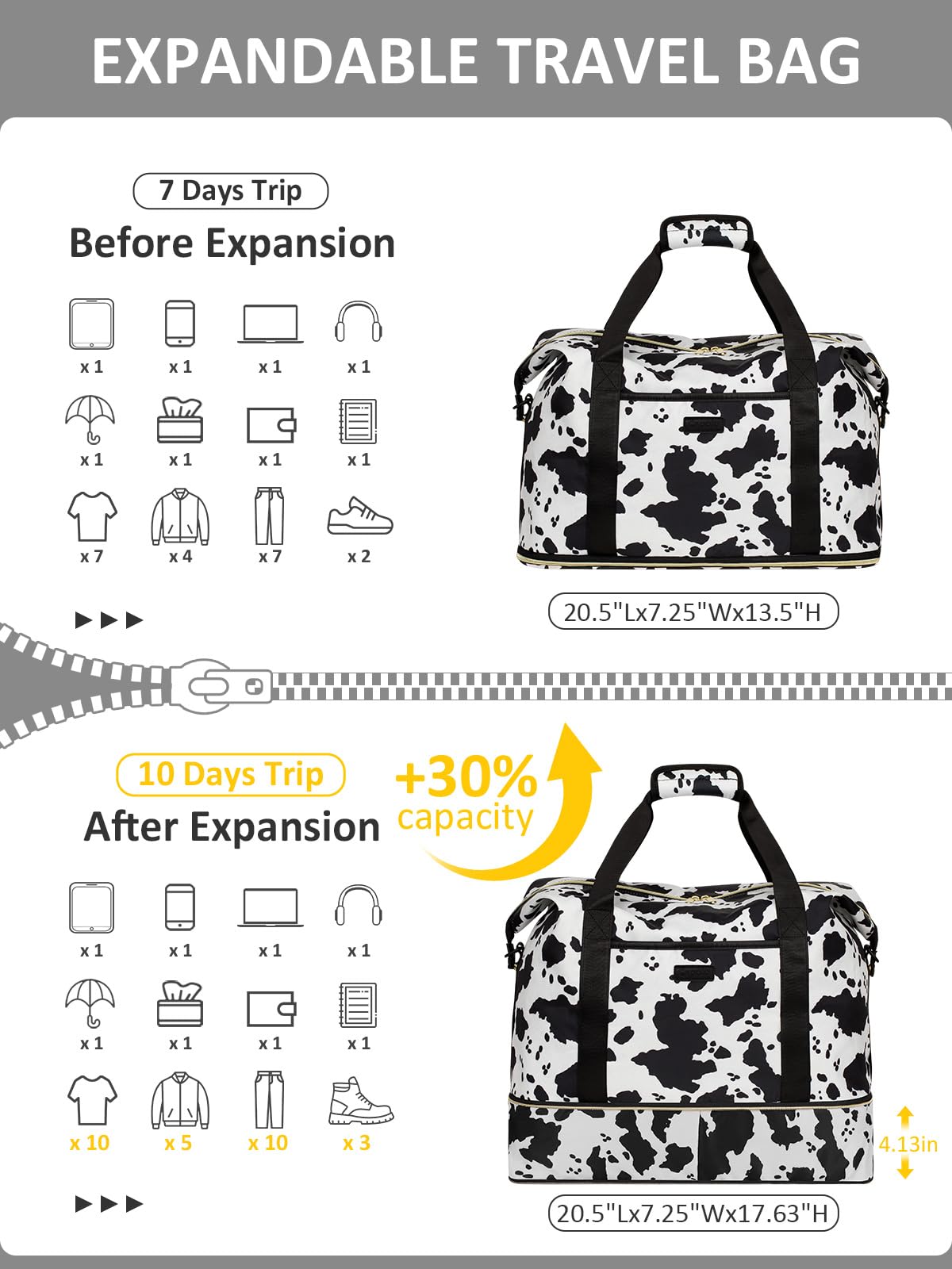 Expandable Travel Duffle Bag, Waterproof Weekender Overnight Bags for Women Men Hospital Bag for Women Labor Delivery Carry on Bag with Toiletry Bag for Travel Gym Airplanes(Cow Print, X-Large)