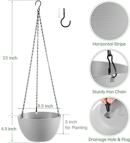 Set of 2 8 Inch Self Watering Hanging Planters for Indoor Outdoor Plants, Light Textured Hanging Baskets Flower Pots with Drainage Hole & Plug and 20" Chain Hanger