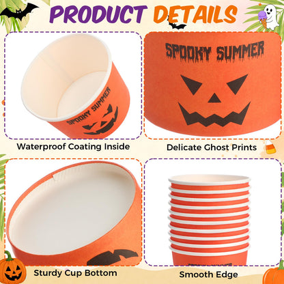 Jingmore 50 Count Summer Halloween Ice Cream Paper Cups Ghost Face Disposable Dessert Bowls Summer Halloween Cute Jack-o-lantern Treat Orange Cups for Hawaii Beach Party Supplies Sundae Yogurt Soup