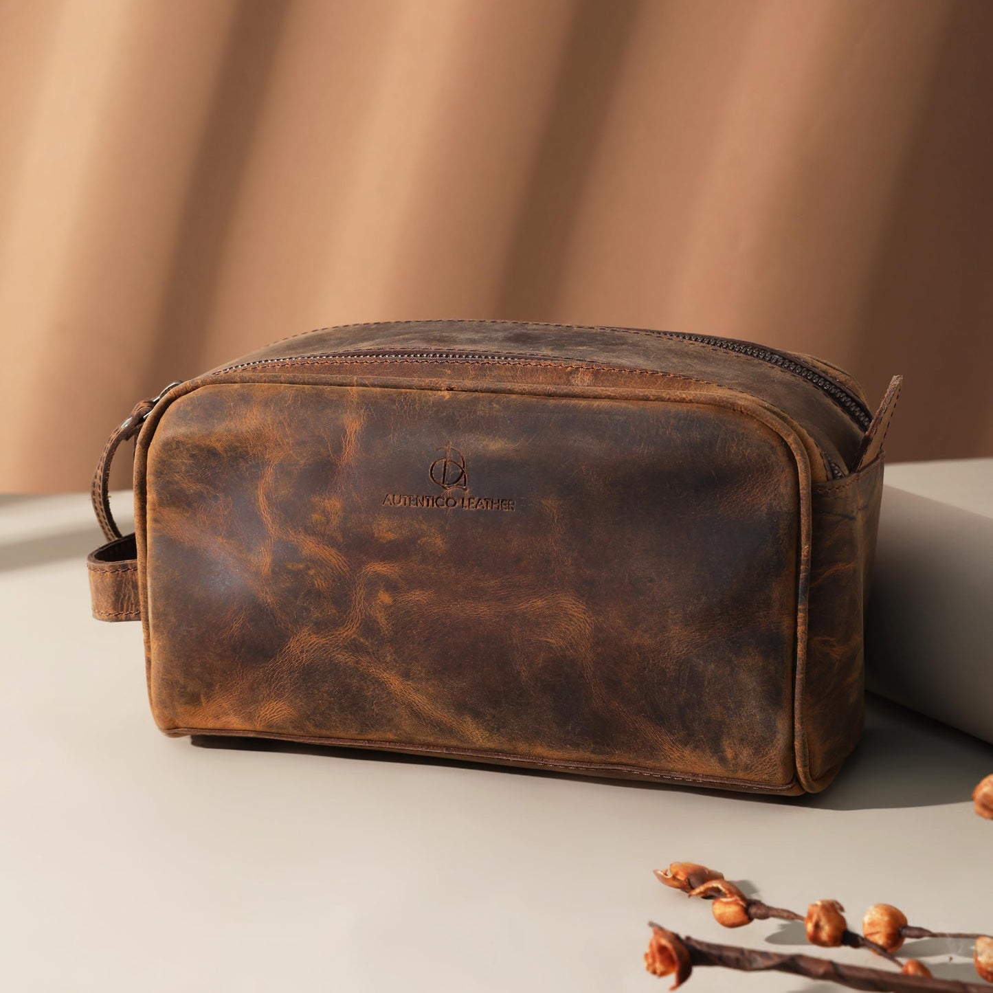 Autentico Leather Toiletry Bag for Men – Genuine Leather Dopp Kit, Travel Organizer for Grooming Essentials, Large Shaving Kit Pouch, Durable Distressed Brown Gift for Men