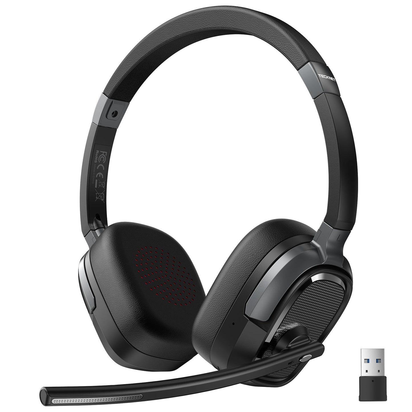 TECKNET Wireless Headset with Mic for Work, V6.0 Bluetooth Headset with AI Noise-Cancelling Microphone & USB-A Dongle, 50H Playtime & Mute, On-Ear Headphones for PC, Laptop, Phone, Office & Trucker