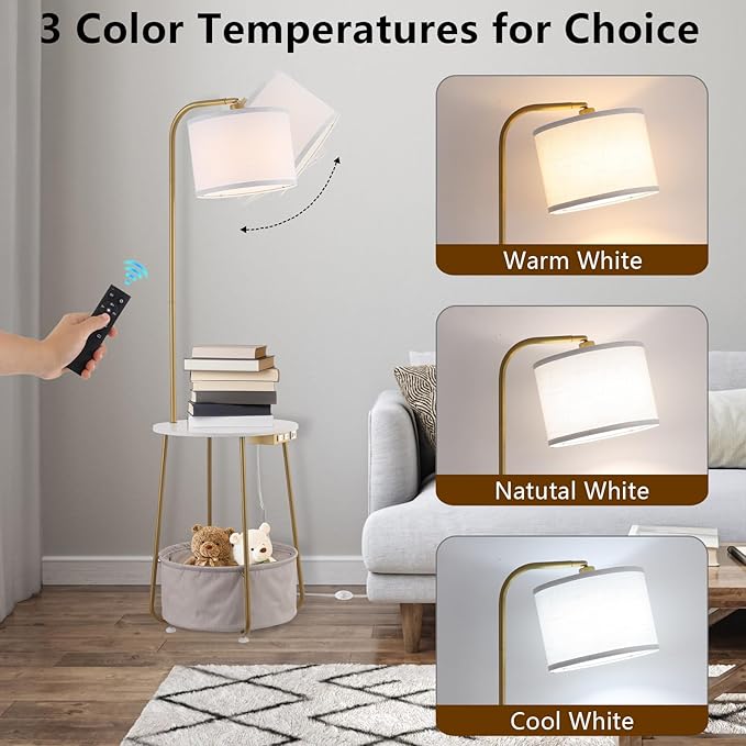 Floor Lamp with Cat Bed and Charging Station, Adjustable Lampshade, 3 Color Temperatures, Remote & Foot Switch Control, Standing Lamp with USB & AC Outlets for Living Room Bedroom, Gold