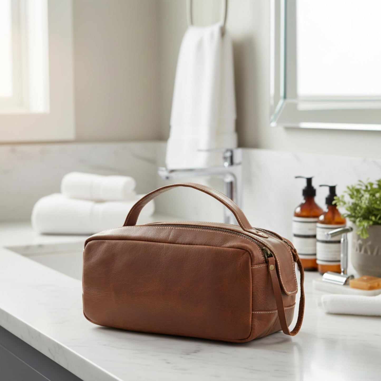 Handmade World Leather Toiletry Bag for Men - Genuine Full Grain Leather Dopp Kit “Golden Oak” - Large Travel Shaving Kit Organizer Grooming Bag