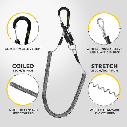 SF Strongest Magnetic Release Holder Keychain Fly Fishing Net Retractor Magnet Clip with Coiled Lanyard Aluminum Alloy Hook - Black