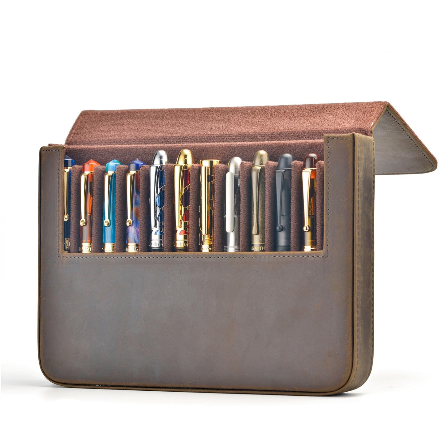 Lanxivi 12 Fountain Pen Case Genuine Leather Organizer, Crazy Horse Cowhide Leather Portable Pen Bag Pouch Drawer Style