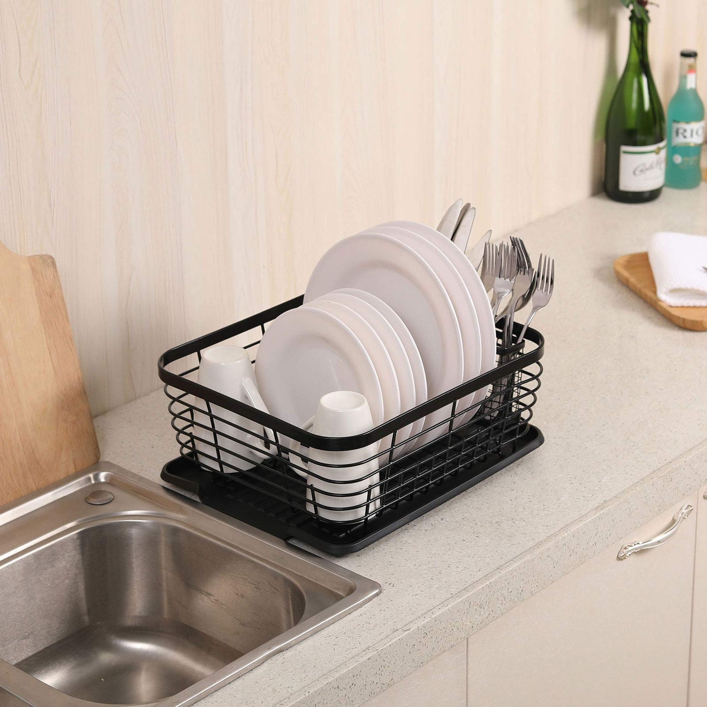 (Black) - ESYLIFE Kitchen Dish Drainer Drying Rack with Drip Tray and Full-Mesh Silverware Storage Basket, Black
