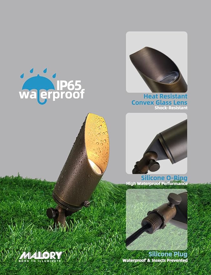 MALORY Brass Outdoor Spot Lights,12V AC/DC Low Voltage LED Landscape Lighting,Waterproof Spot Up Light for Garden,Patio and Yard (S03, 12-Pack with Bulb)