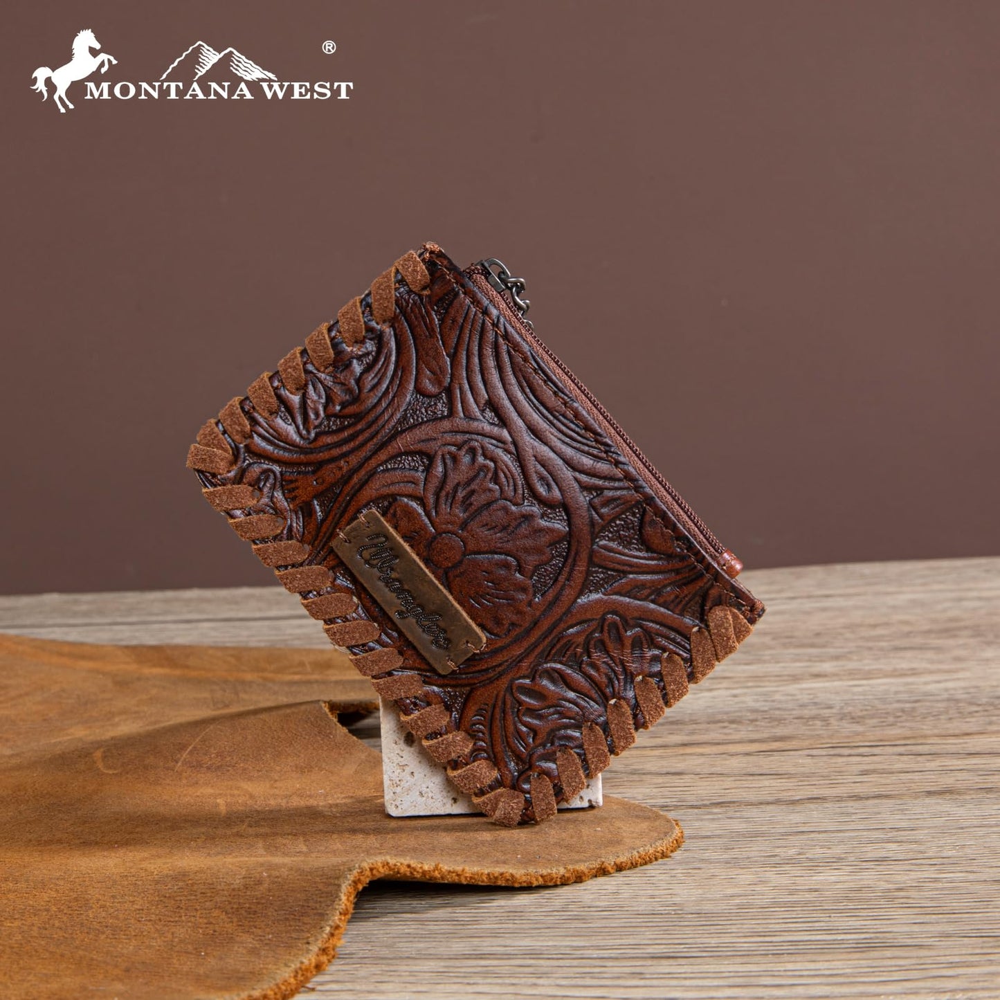 Montana West × Wrangler Leather Change Wallet with Keychain for Men Women Small Coin Pouch Western Design, Brown