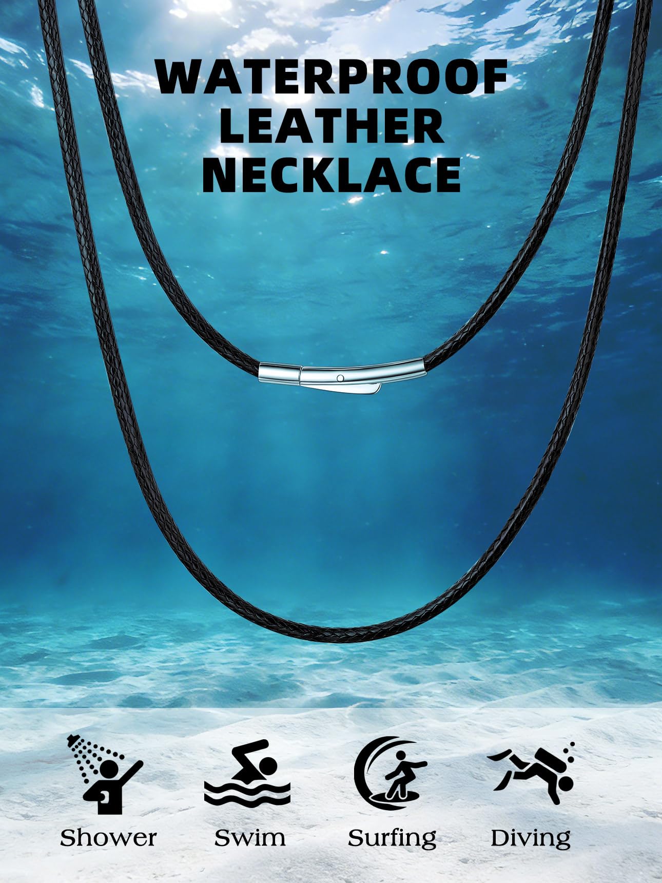 Bestyle 2MM Black Leather Necklace for Men Women,Waterproof Wax Woven Rope Chain with Stainless Steel Clasp, Leather Cord Necklace for Pendants 16"